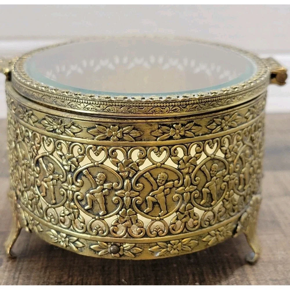 VTG‎ Globe Oval 24kt Gold Plate Filigree Ormolu Jewelry Casket